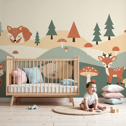 Kids-Mundo sleepy fox and bear woodland wall mural made to measure in a soft nursery room