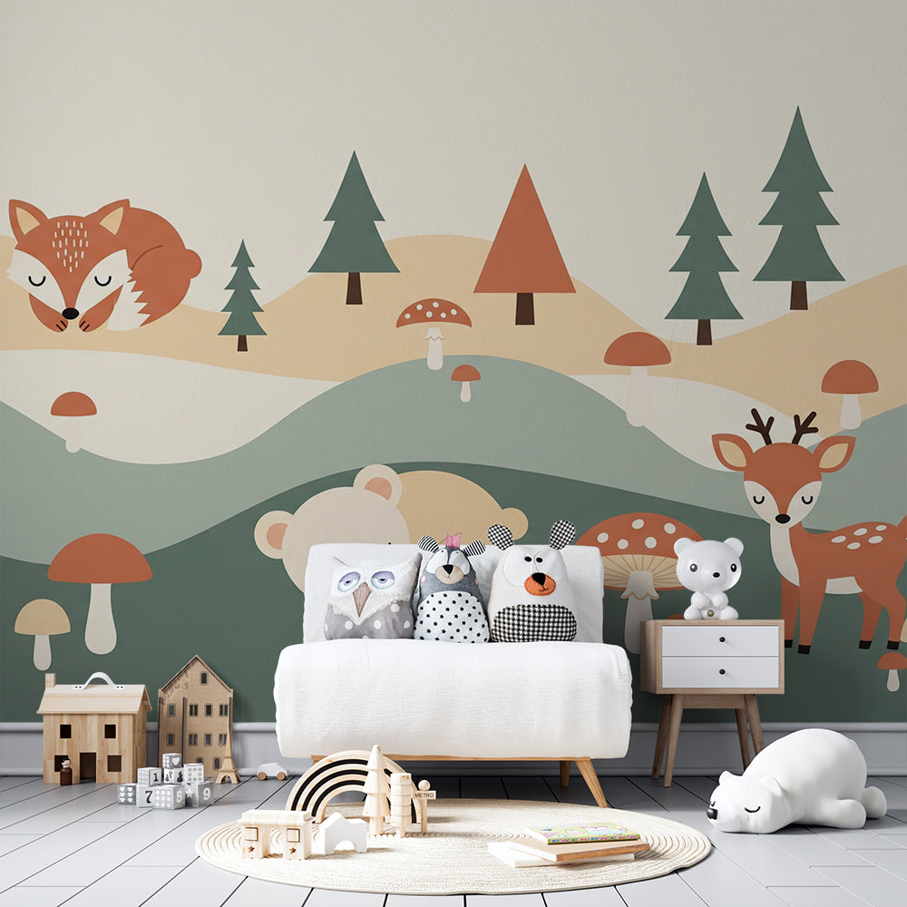 Kids-Mundo sleepy woodland mural featuring fox, bear and deer in a bright playroom
