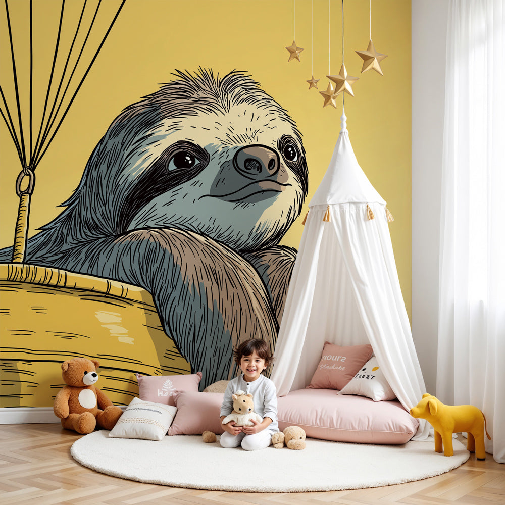 Sloth hot air balloon mural wallpaper in bright nursery with wooden furniture by Kids-Mundo