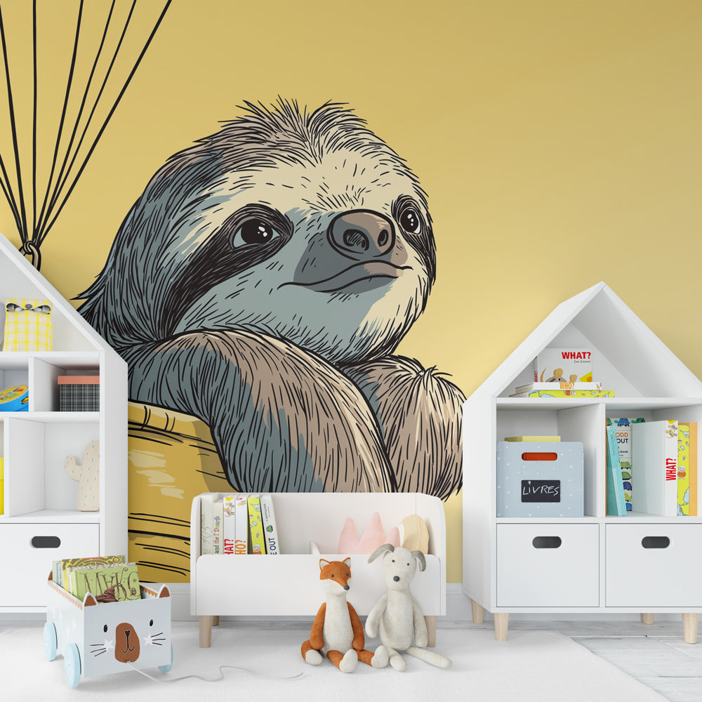 Whimsical sloth mural wallpaper creating magical playroom atmosphere with colorful accessories