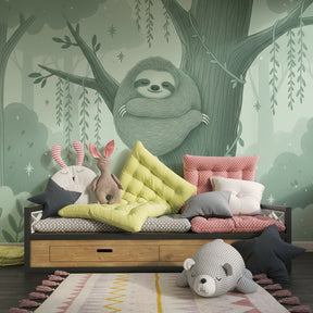 Woodland animal mural wallpaper transforming children's playroom into magical forest