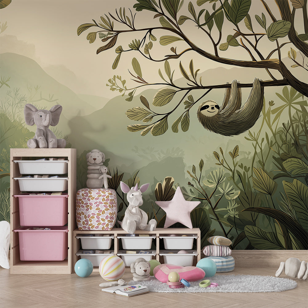 Kids-Mundo sloth jungle wall mural in a kids' bedroom with soft green foliage