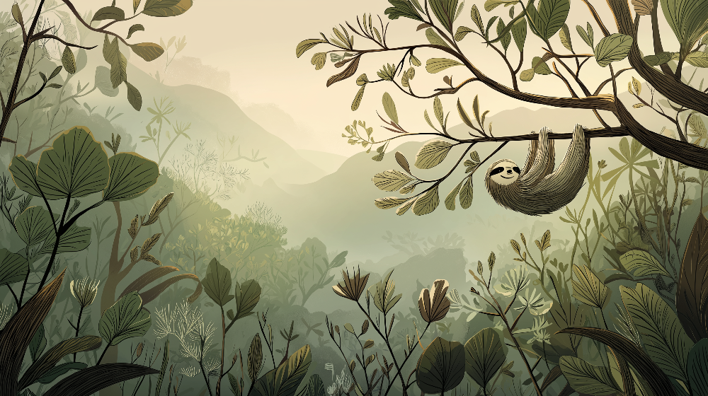 Kids-Mundo flat artwork of a sloth hanging from a branch above a misty green jungle