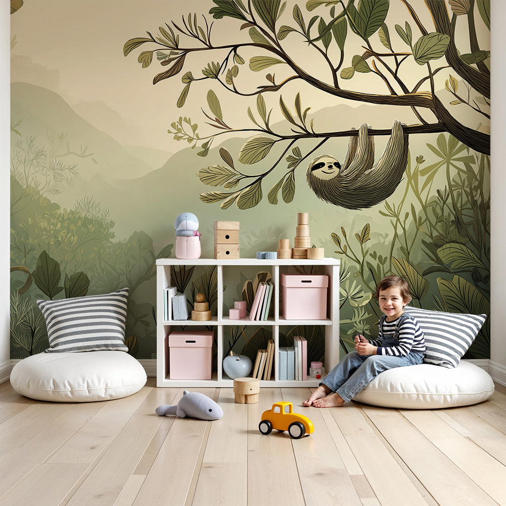 Kids-Mundo sloth wall mural in a green nursery with a cot and a misty jungle scene