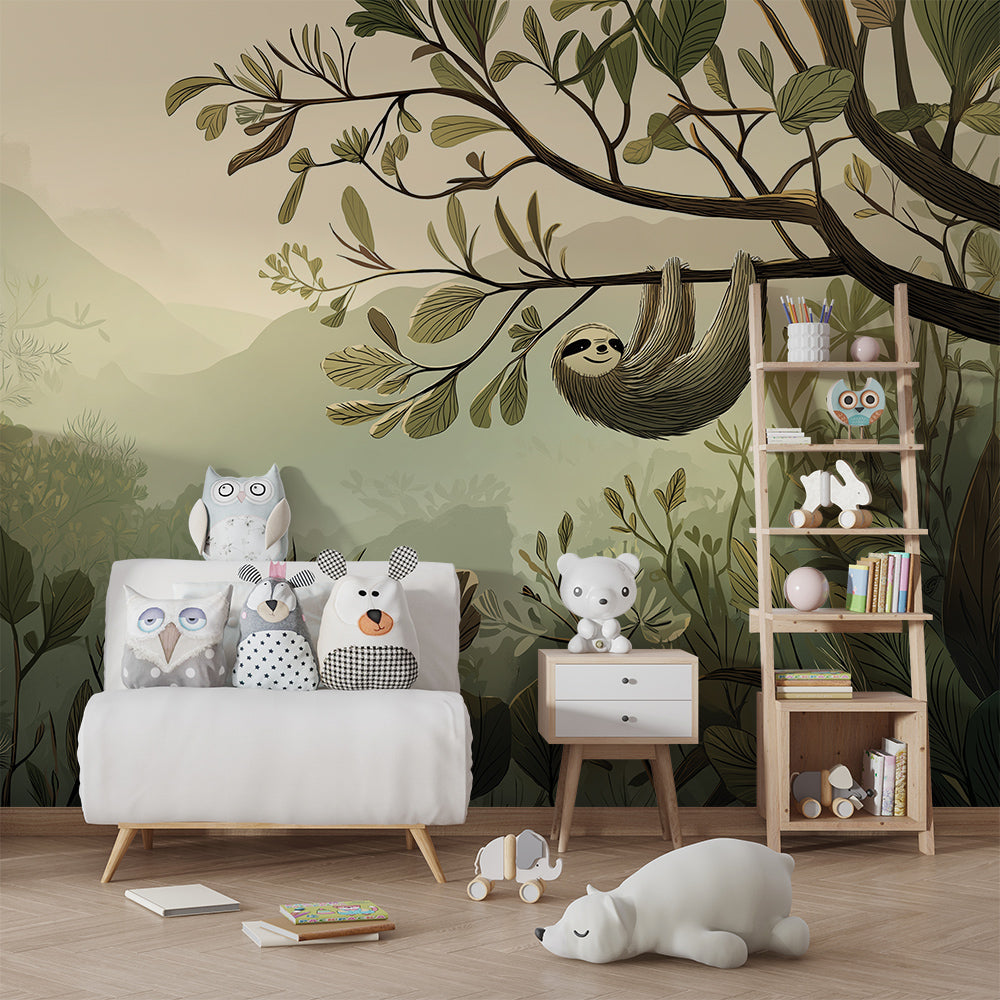Kids-Mundo sloth mural brightening a playroom wall with a lush hanging jungle branch