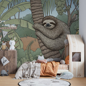 Tropical animal wallpaper featuring sloth and birds in modern kids bedroom decor