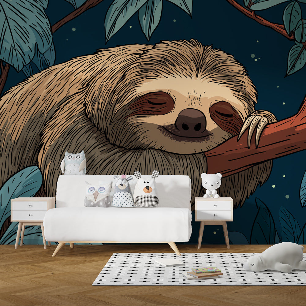 Jungle animal mural wallpaper with sloth and stars complementing natural children's room decor