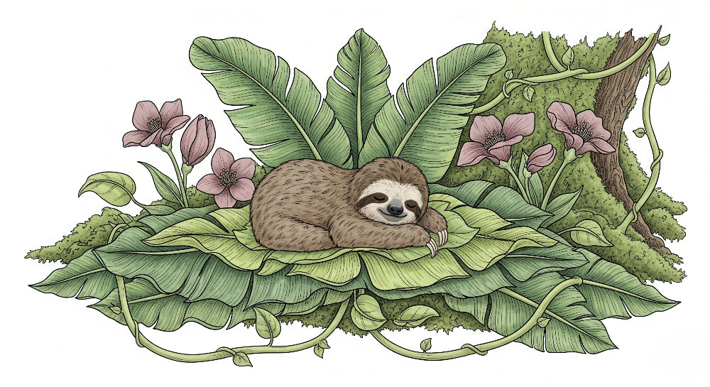 Detailed sloth and tropical leaves mural wallpaper design pattern by Kids-Mundo