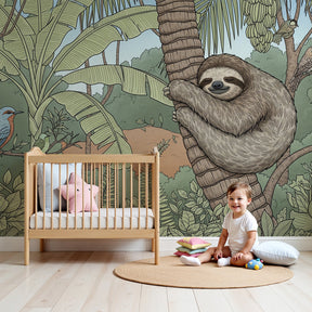 Sloth jungle mural wallpaper creating peaceful tropical nursery atmosphere by Kids-Mundo