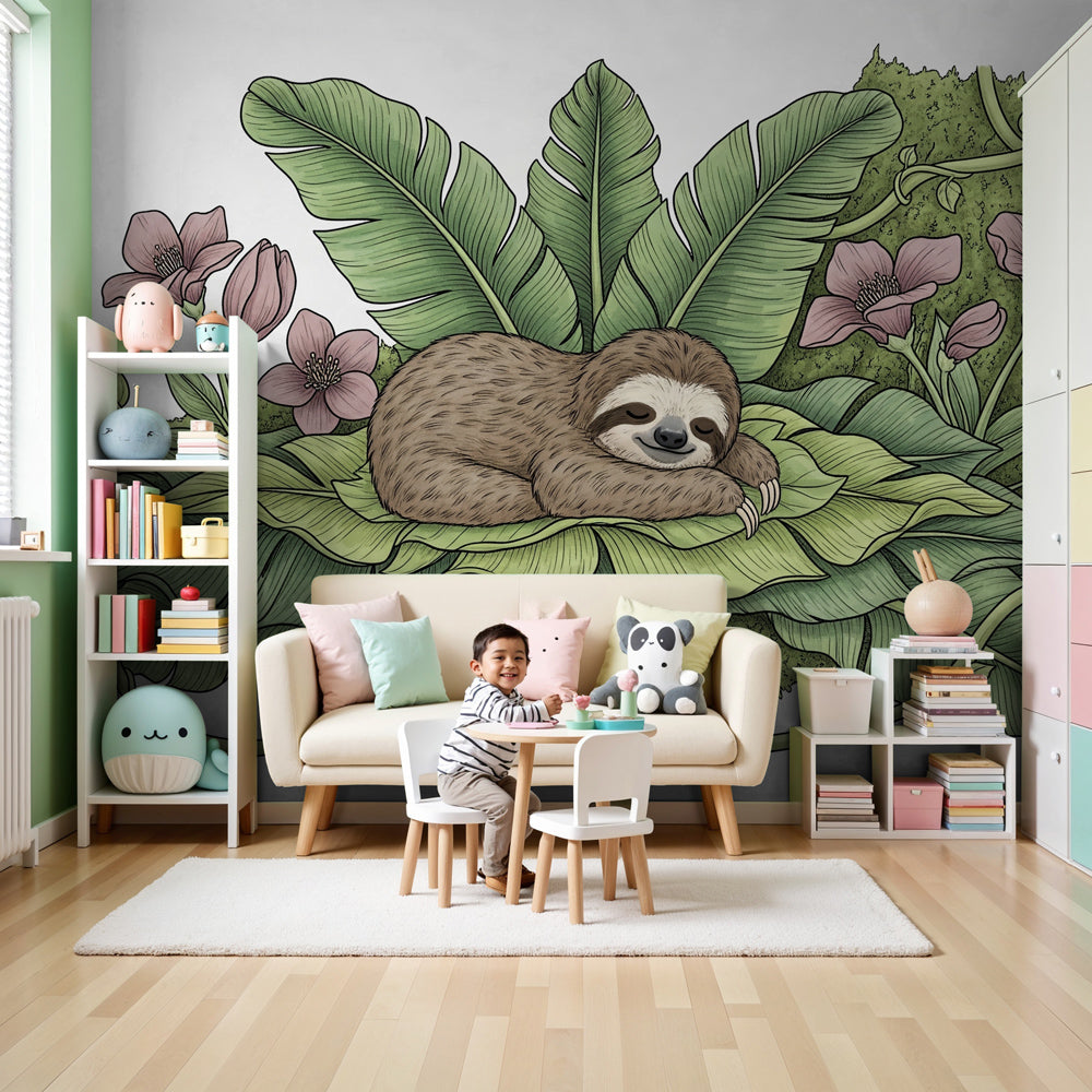 Peaceful sloth jungle mural wallpaper in modern nursery with natural wood furniture by Kids-Mundo
