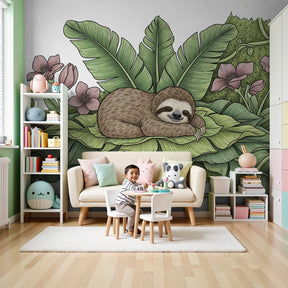 Peaceful sloth jungle mural wallpaper in modern nursery with natural wood furniture by Kids-Mundo