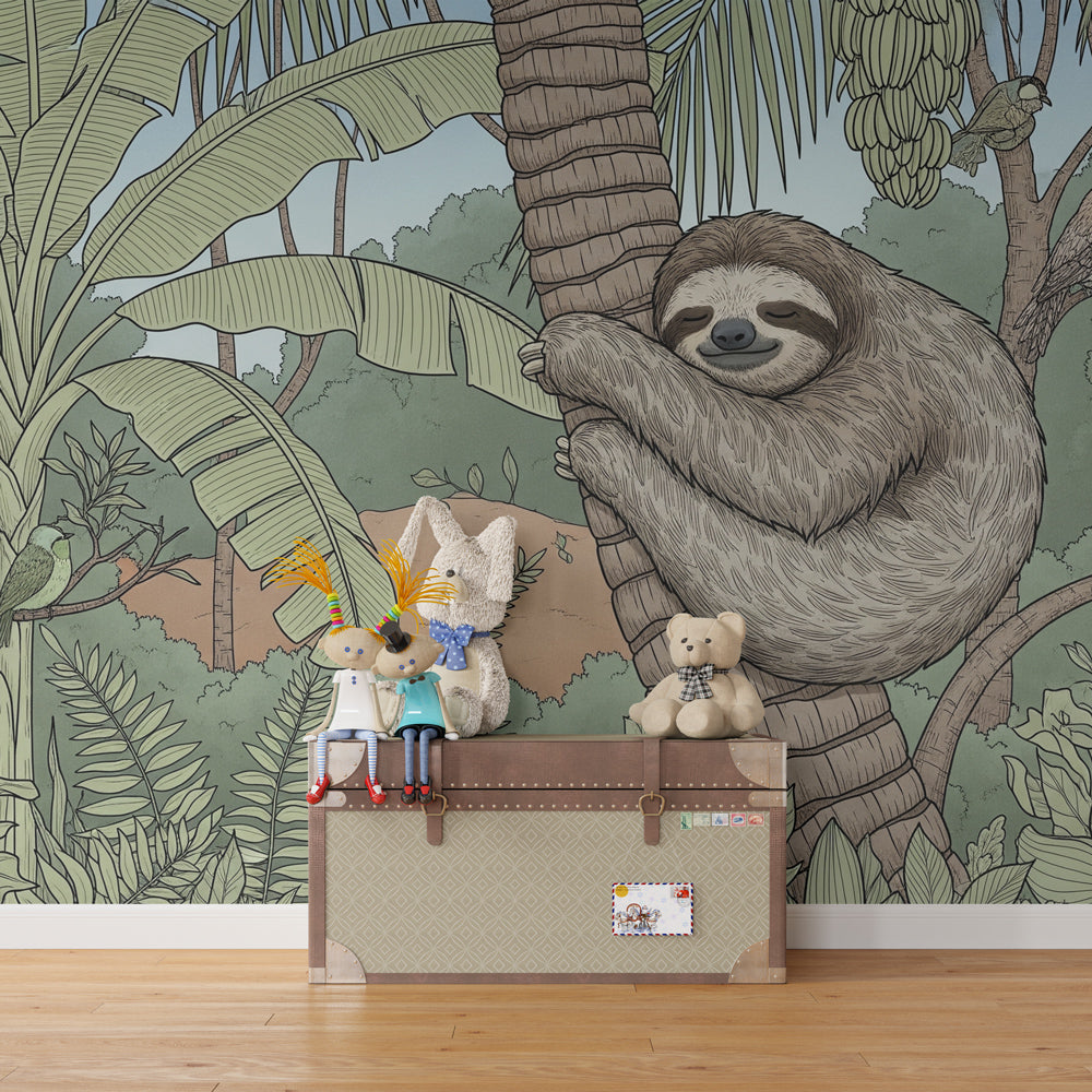Jungle-themed mural wallpaper with sloth and tropical plants for children's playroom