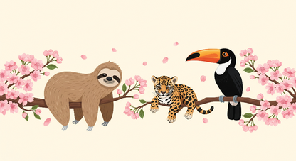 Kids-Mundo flat-artwork design of a sloth, leopard cub and toucan resting on a cherry blossom branch.