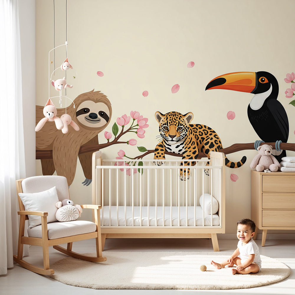 Kids-Mundo sloth, leopard cub and toucan blossom wall mural styled in a warm, cosy nursery.