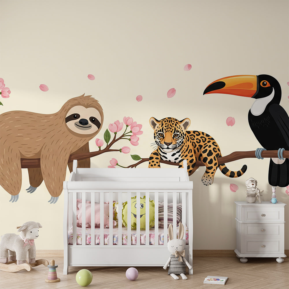 Kids-Mundo sloth, leopard cub and toucan mural bringing playful colour to a children's playroom.