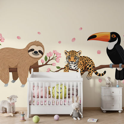 Kids-Mundo sloth, leopard cub and toucan mural bringing playful colour to a children's playroom.