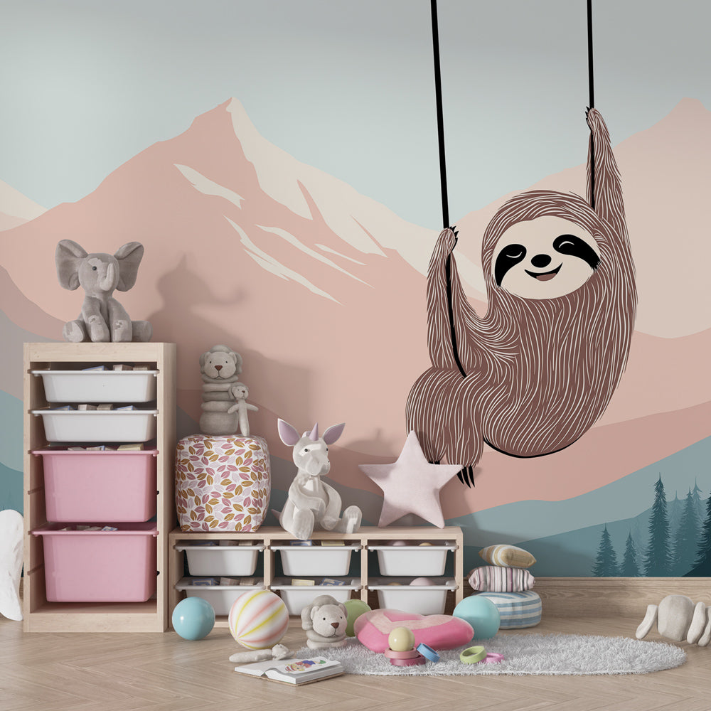 Gentle sloth mural wallpaper in modern kids bedroom with natural wood furniture and calming atmosphere