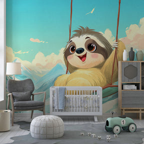 Playful sloth mountain wallpaper creating cozy adventure theme in children's bedroom