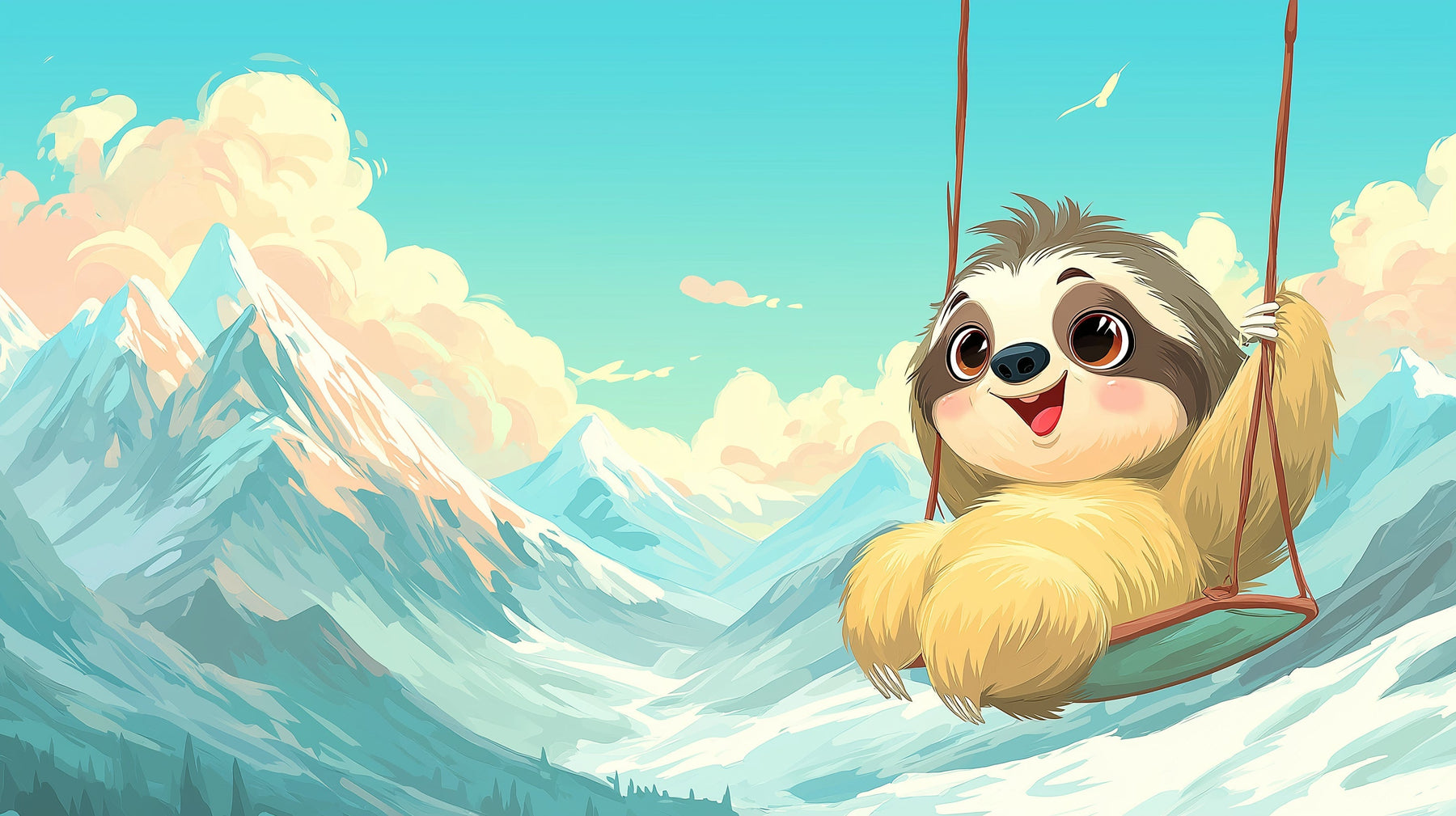 Detailed sloth mountain adventure mural wallpaper design pattern showing snow peaks and blue sky by Kids-Mundo
