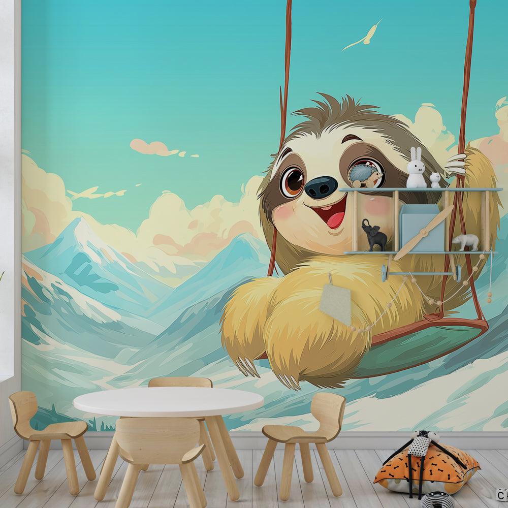 Mountain landscape mural wallpaper with swinging sloth for whimsical kids room decor by Kids-Mundo