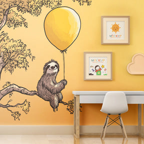 Gentle sloth wallpaper design in modern baby bedroom with natural wood furniture