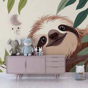 Happy sloth wallpaper in modern baby room with wooden crib and soft green decor elements