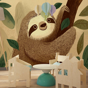 Tropical sloth mural wallpaper in modern children's bedroom with natural wood furniture