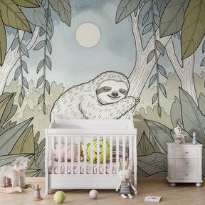 Sleeping sloth jungle wallpaper transforming children's bedroom into nature sanctuary