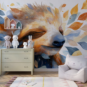 Sloth animal wallpaper in children's bedroom with natural wood furniture and cozy decor