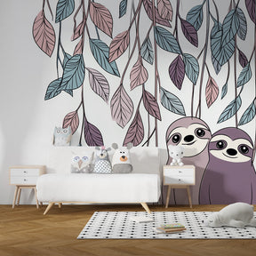 Playful sloth wallpaper in modern kids bedroom with natural wood furniture and soft colors