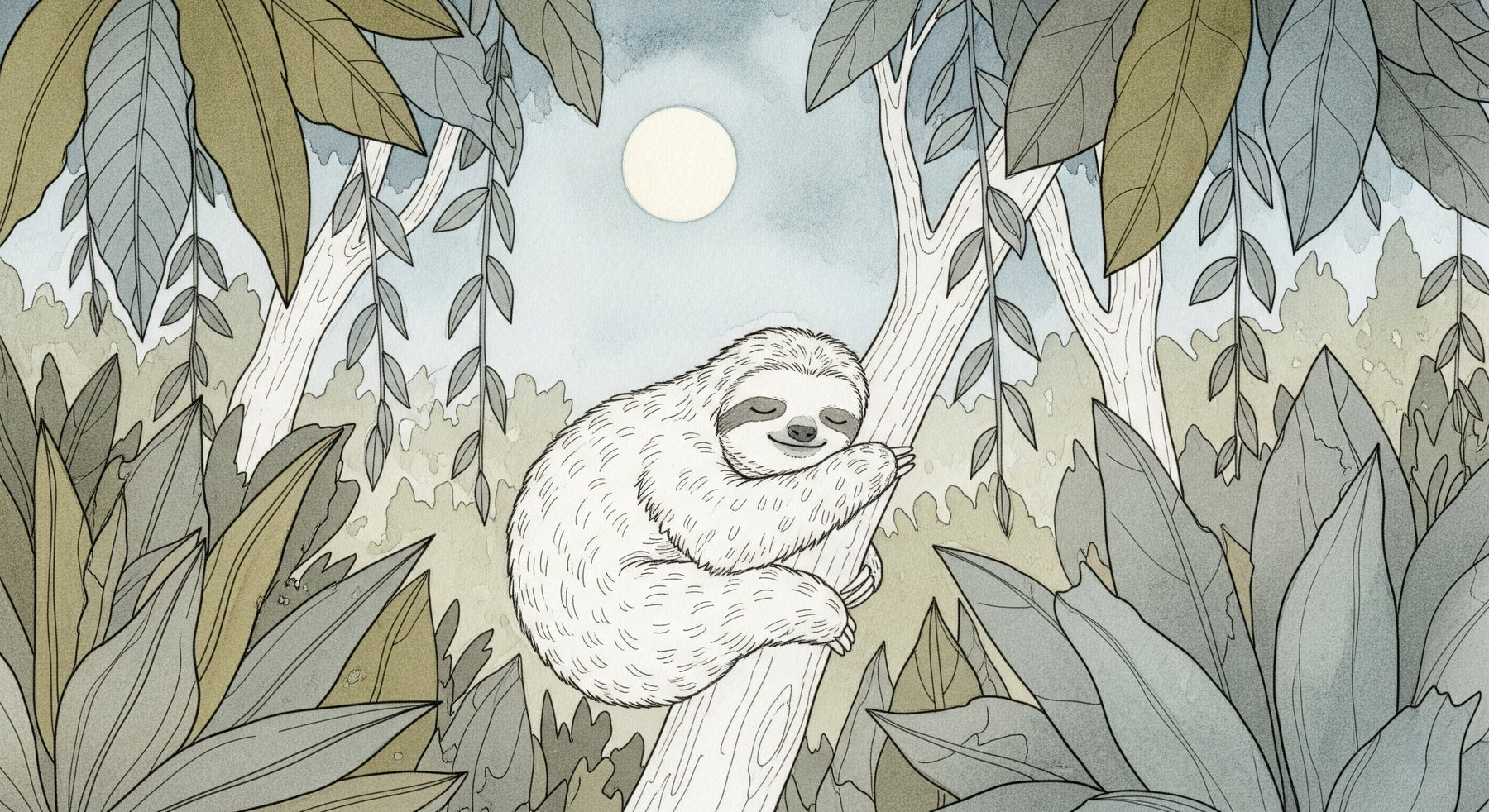 Detailed sleeping sloth jungle mural wallpaper design pattern with lush foliage by Kids-Mundo