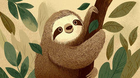 Detailed sloth jungle mural wallpaper design pattern showing tropical foliage by Kids-Mundo