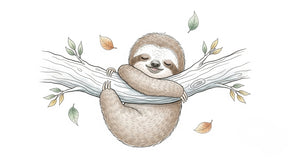Detailed sleepy sloth mural wallpaper design pattern with delicate leaves by Kids-Mundo