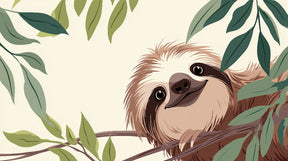 Detailed sloth and tropical leaves mural wallpaper design pattern for baby nursery by Kids-Mundo