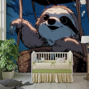 Sloth hot air balloon mural wallpaper in bright modern nursery room by Kids-Mundo