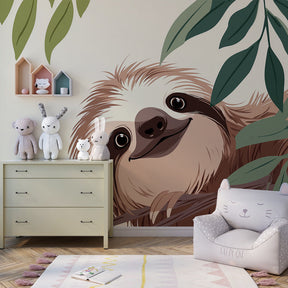 Jungle animal mural wallpaper featuring adorable sloth perfect for toddler bedroom by Kids-Mundo