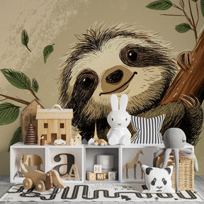 Animal mural wallpaper featuring cute sloth in modern children's bedroom setting