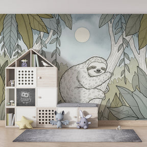 Tropical sloth mural wallpaper with green foliage for calming kids room decor by Kids-Mundo