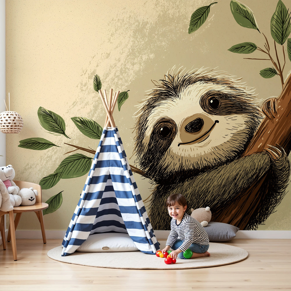 Sloth mural wallpaper creating peaceful nursery decor with tree branch design by Kids-Mundo
