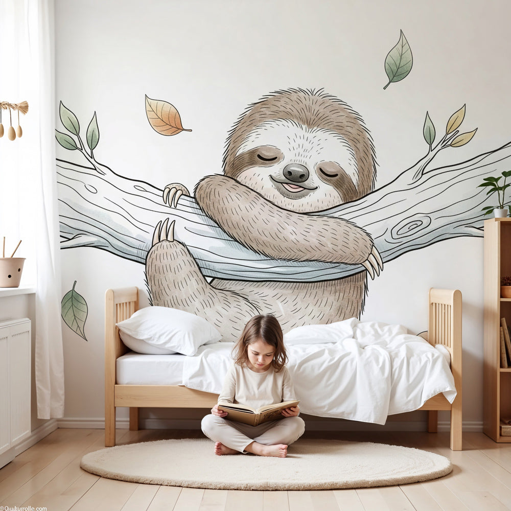 Peaceful sloth mural wallpaper in modern nursery with natural wood crib by Kids-Mundo