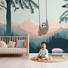 Happy sloth mural wallpaper creating peaceful forest atmosphere in modern nursery by Kids-Mundo
