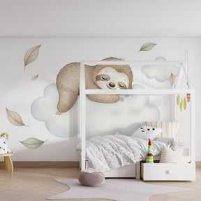 Nature-themed sloth mural wallpaper transforming kids playroom into peaceful space