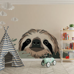 Nature-themed sloth wallpaper transforming kids playroom into peaceful jungle sanctuary