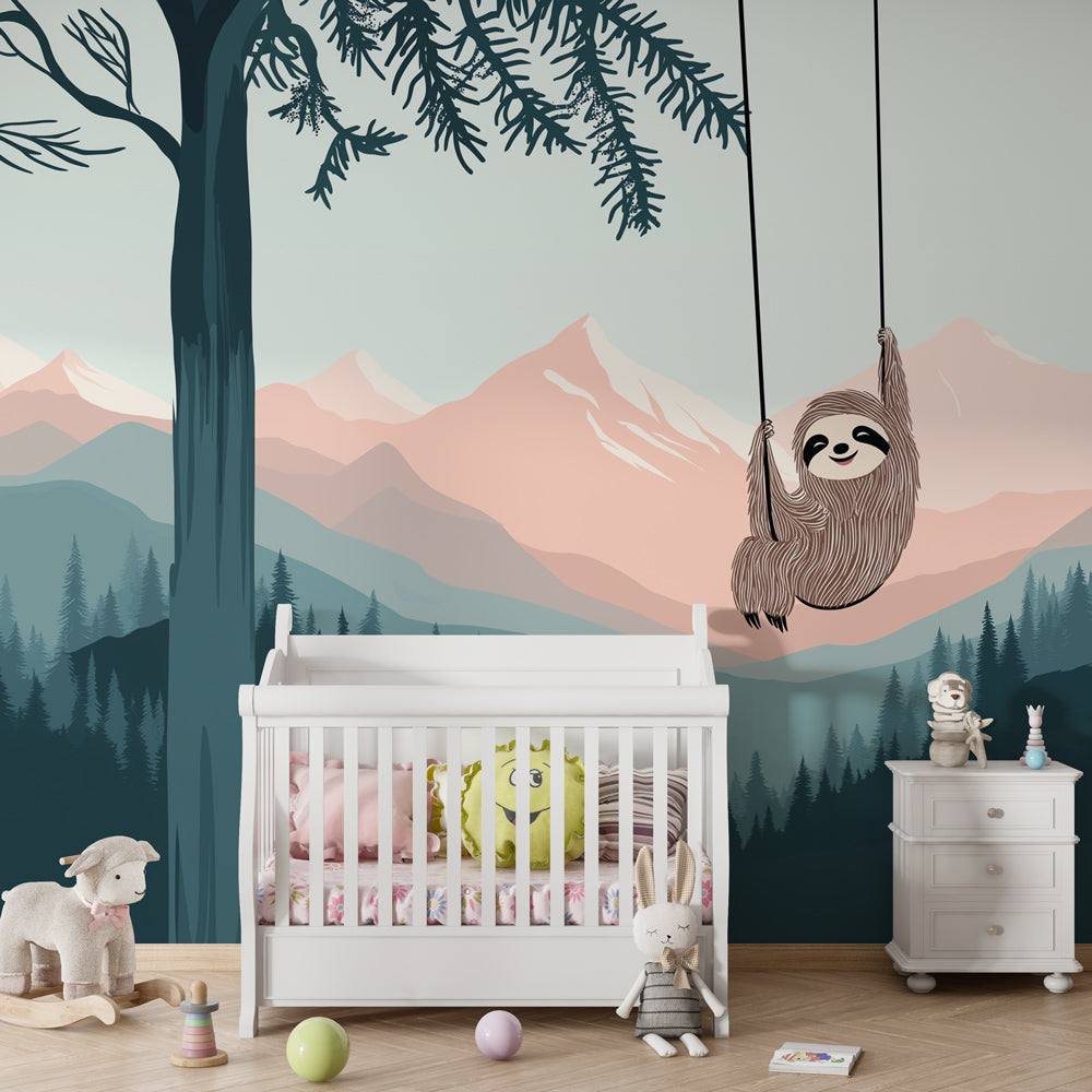 Woodland animal mural wallpaper featuring cheerful sloth in cozy kids playroom setting