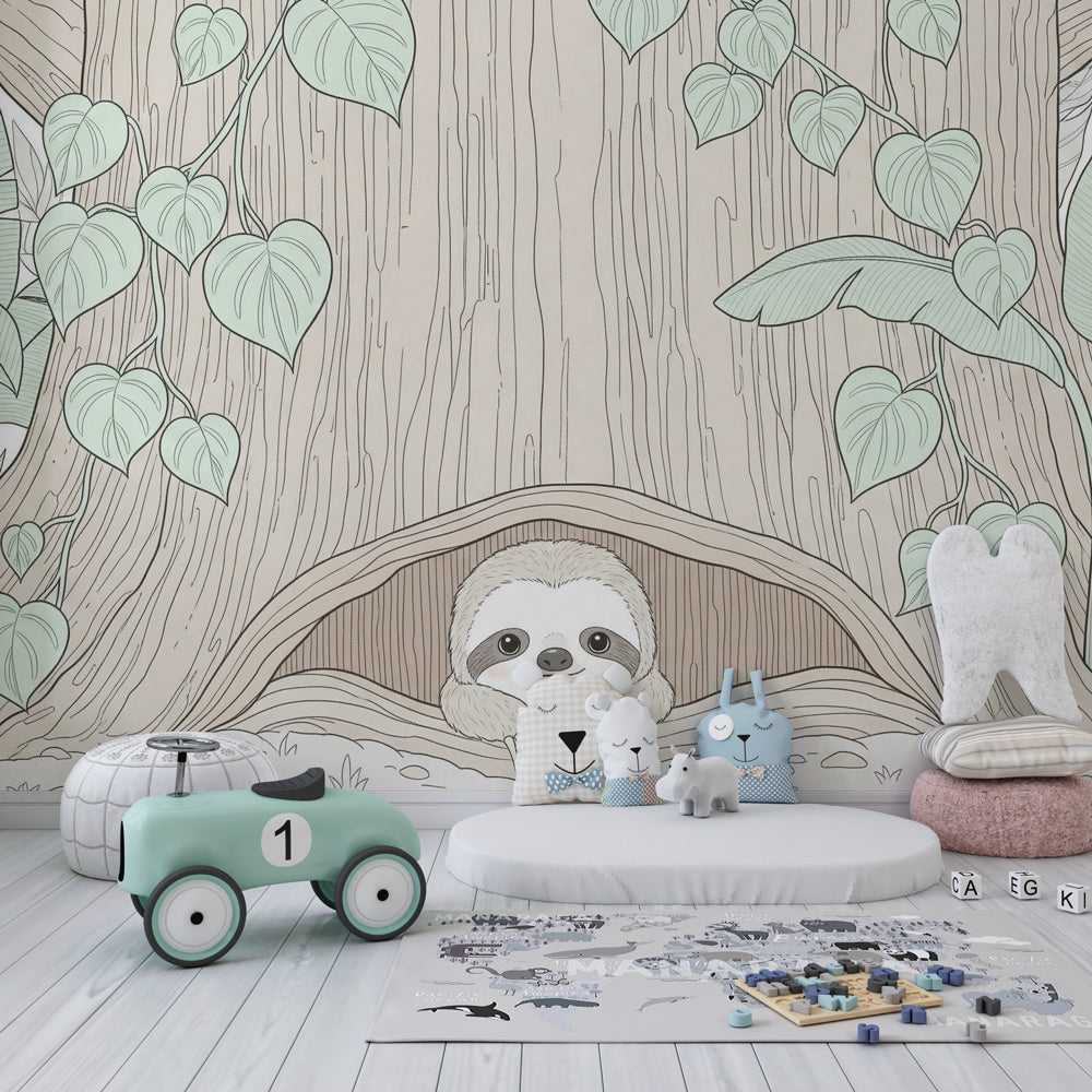 Tropical sloth wallpaper for kids playroom featuring adorable forest animal in tree setting