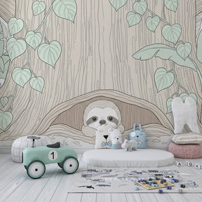 Tropical sloth wallpaper for kids playroom featuring adorable forest animal in tree setting