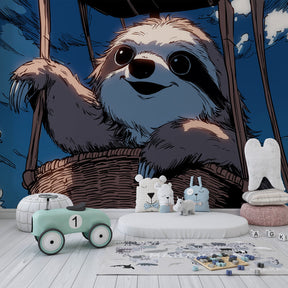 Animal adventure mural wallpaper featuring sloth in basket transforming children's playroom space