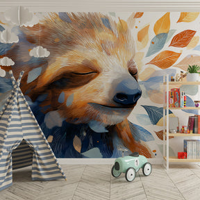 Colorful sloth wallpaper creating peaceful play area in kids room with autumn leaf design