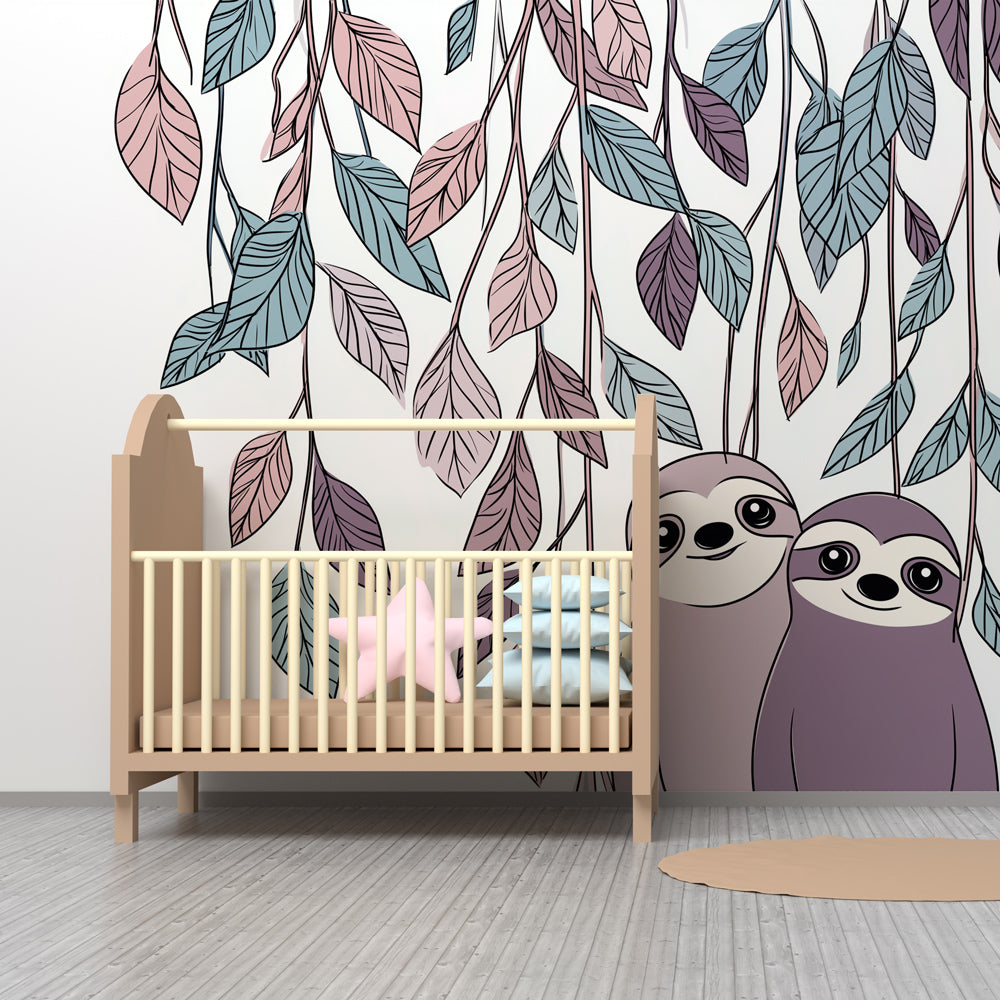Nature-themed sloth mural wallpaper transforming children's room into tranquil sanctuary