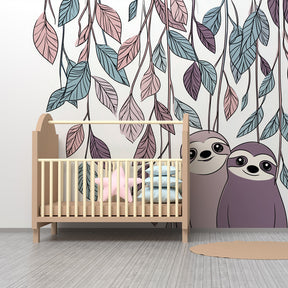 Nature-themed sloth mural wallpaper transforming children's room into tranquil sanctuary
